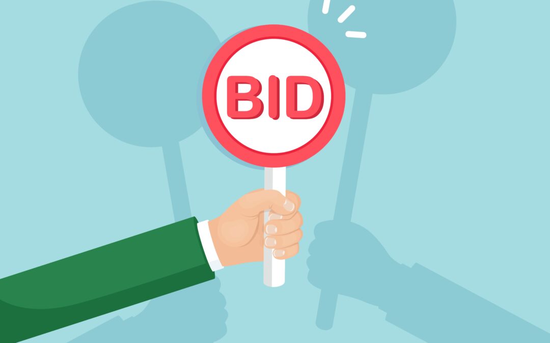 Businessman hold auction paddle in hand. Bidding, auction competition concept. People rise signs with BID inscriptions. Business trade process. Vector flat design